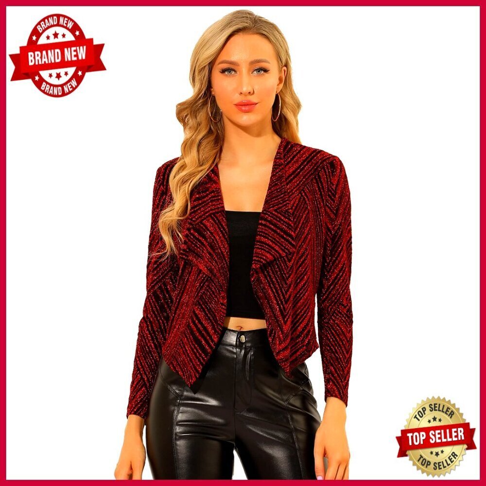 Large Glitter Cropped Cardigan Long Sleeve Open Front Party Jacket
